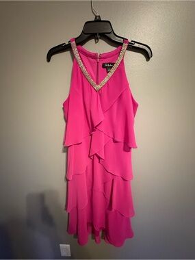 SL Fashions Hot Pink Ruffle Mini Dress with Jeweled Halter